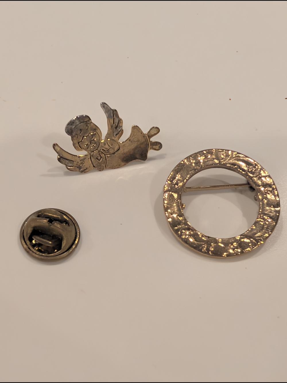 Gold-Tone Angel Pin and Textured Circle Brooch Set
